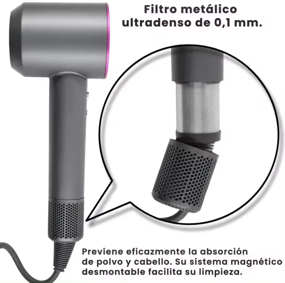 EasySpeed Secador de Pelo Iónico Sin Aspas 5 en 1 Profesional  Peluquería 1600W con 6 Accesórios Secado Rápido y Constante Frío/Calor 3 Velocidades Alta Potencia para Uso Doméstico y de Viaje, Silencioso y Potente