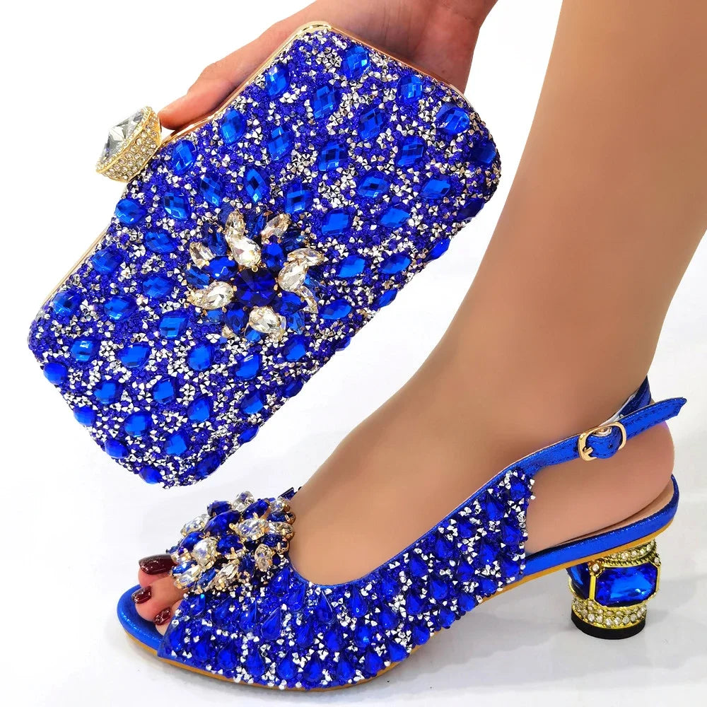 Conjunto de zapatos y bolsos de cuero italiano para mujer, calzado italiano de Color azul con bolsa a juego, zapatos nigerianos y bolsa para fiesta, 2022