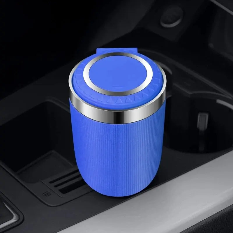 Cenicero de coche con tapa, Cenicero portátil a prueba de olores Led azul, taza para carcasa ignífuga automática, accesorios abiertos con un solo toque para coche