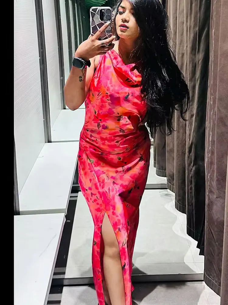 TRAFZA nueva moda mujer Vintage Sexy cuello redondo sin mangas dobladillo con abertura vestido de fiesta en la playa mujeres estampado elegante vestido largo con volantes