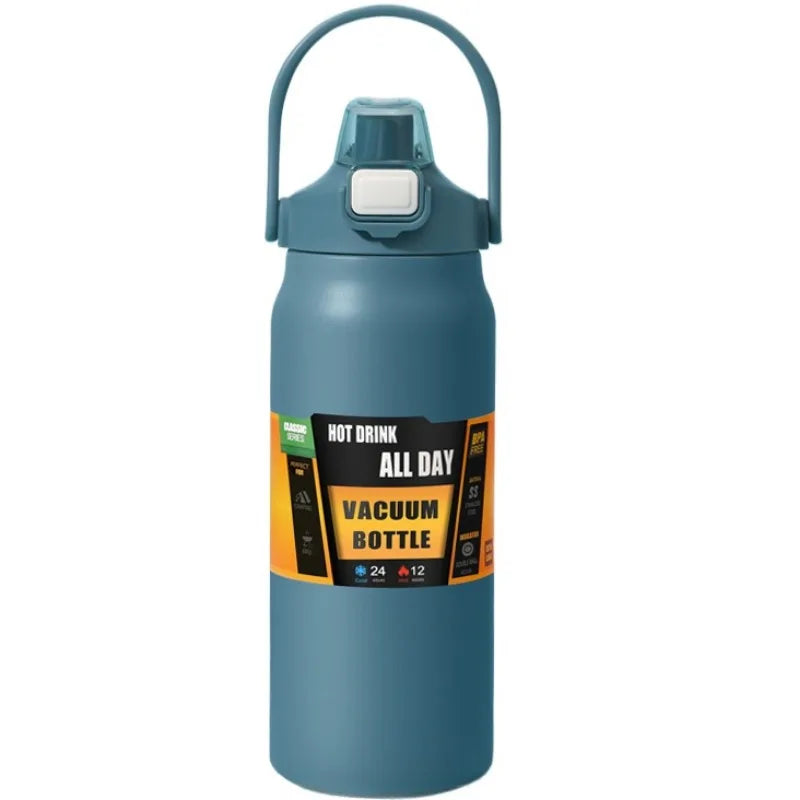 Termo de acero inoxidable 800/1000/1200/1500ML 304 con pajita, taza térmica, frascos de vacío deportivos, botella de agua fría y caliente