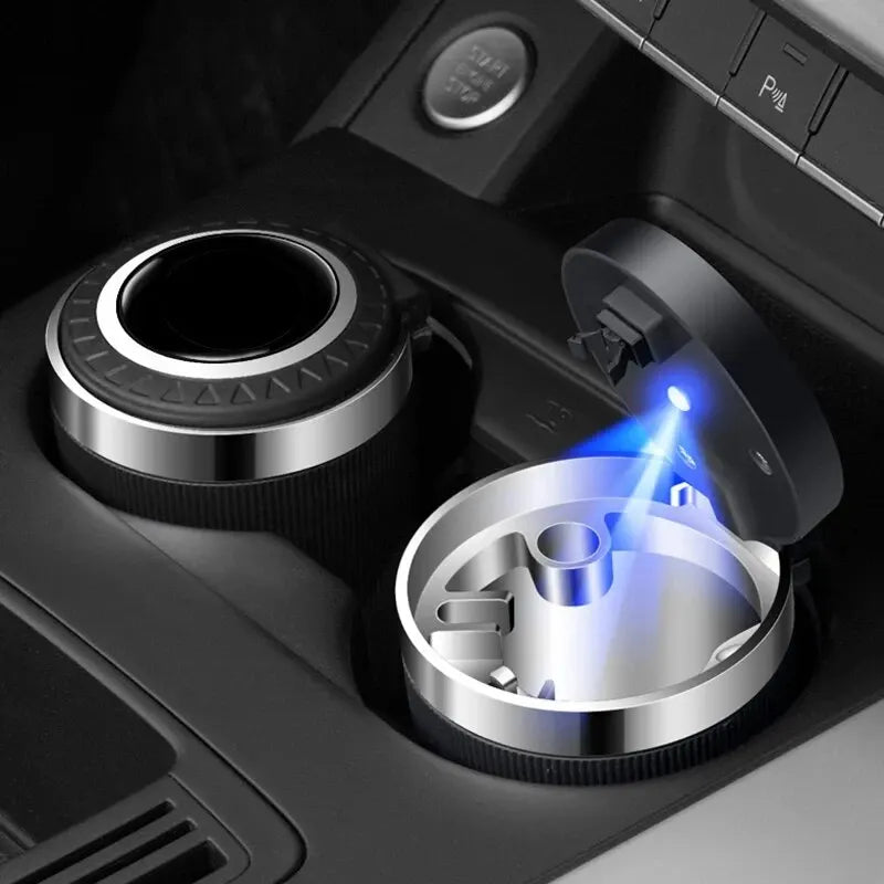 Cenicero de coche con tapa, Cenicero portátil a prueba de olores Led azul, taza para carcasa ignífuga automática, accesorios abiertos con un solo toque para coche