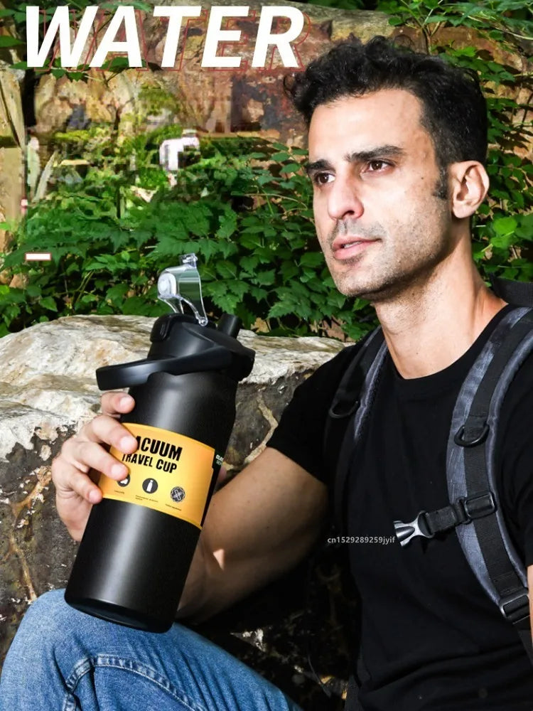 Termo de acero inoxidable 800/1000/1200/1500ML 304 con pajita, taza térmica, frascos de vacío deportivos, botella de agua fría y caliente