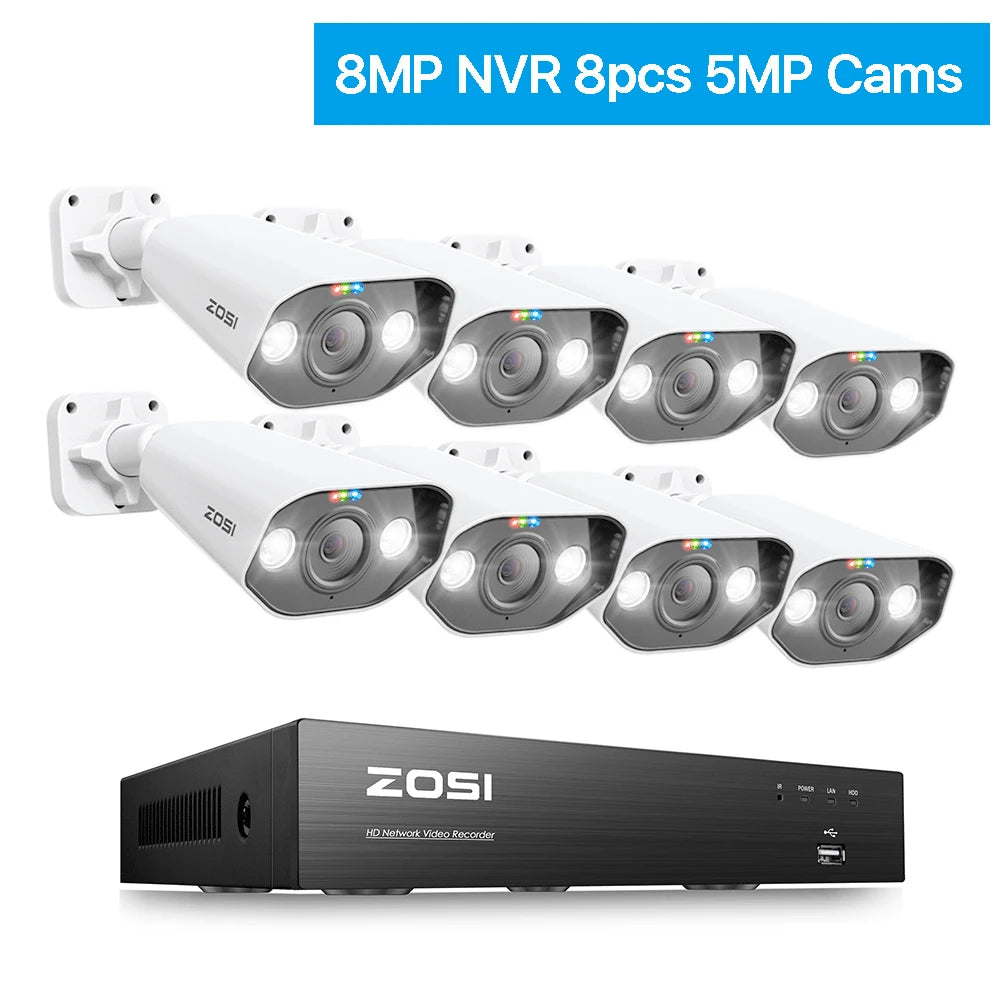 ZOSI-Kit de videovigilancia 8CH POE 4K 8MP 5MP Super HD Cámaras IP para exteriores Sistema de cámara de seguridad CCTV con visión nocturna AI Starlight