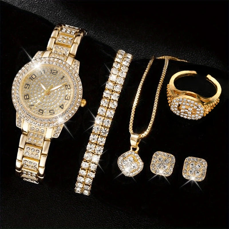 6 uds reloj de mujer elegante de lujo reloj de aleación reloj de pulsera de cristal para regalo de mujer reloj de cuarzo pulsera de aleación de diamantes de imitación Montre
