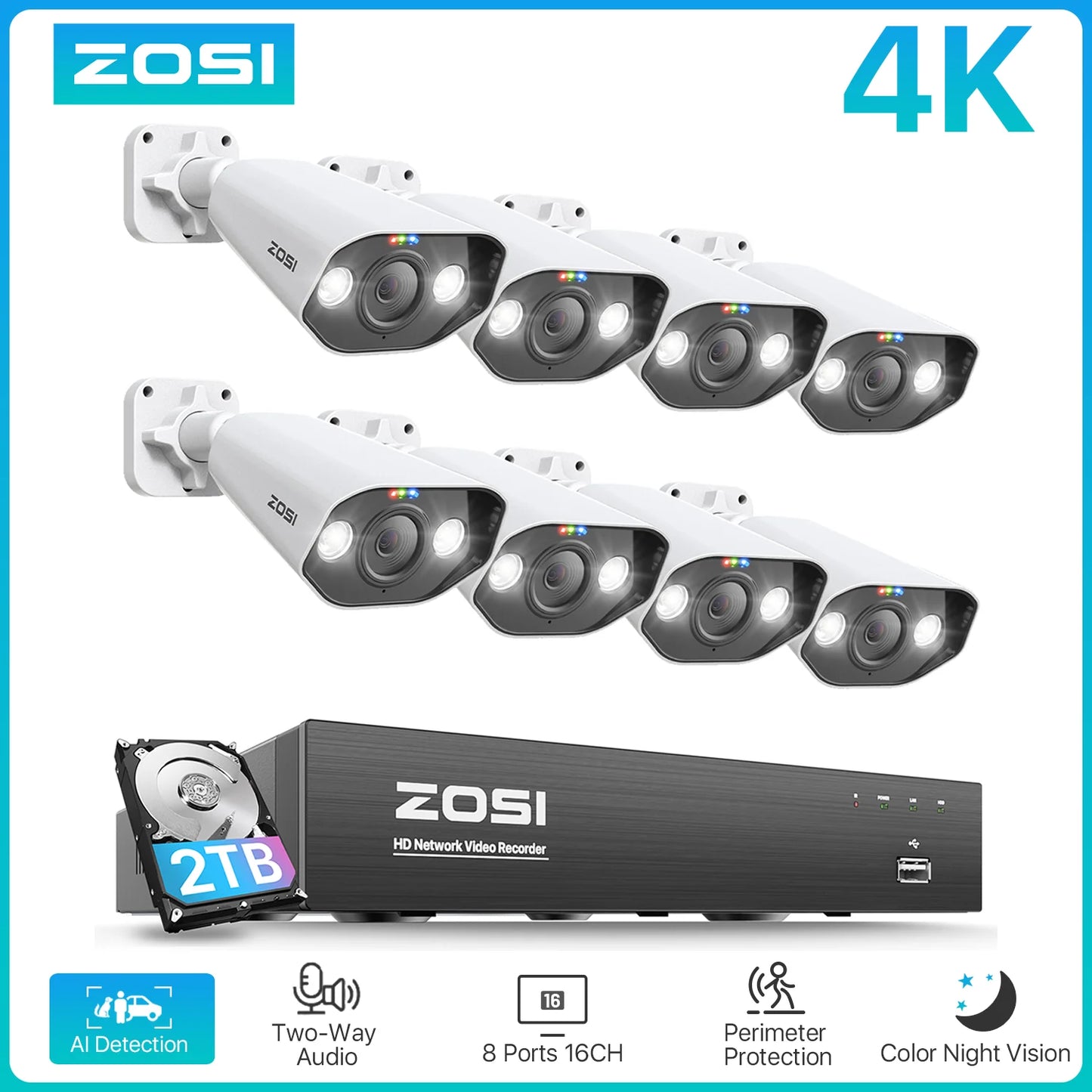 ZOSI-Kit de videovigilancia 8CH POE 4K 8MP 5MP Super HD Cámaras IP para exteriores Sistema de cámara de seguridad CCTV con visión nocturna AI Starlight