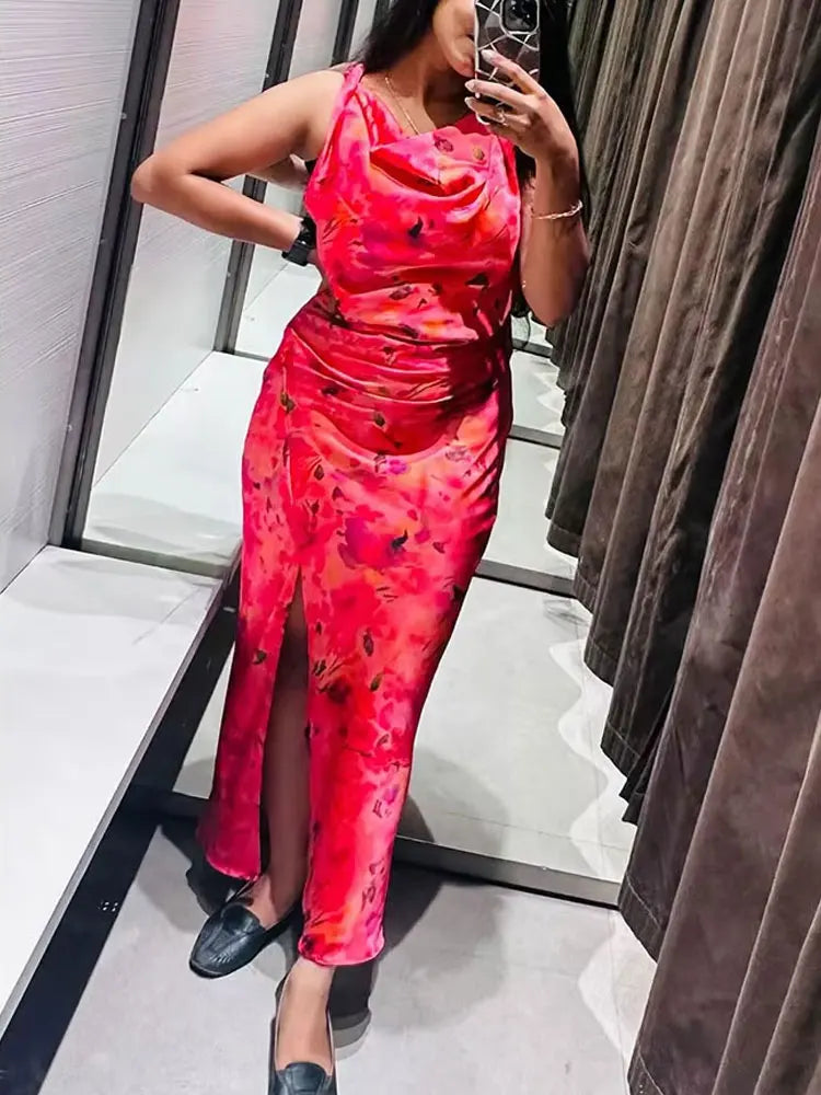 TRAFZA nueva moda mujer Vintage Sexy cuello redondo sin mangas dobladillo con abertura vestido de fiesta en la playa mujeres estampado elegante vestido largo con volantes