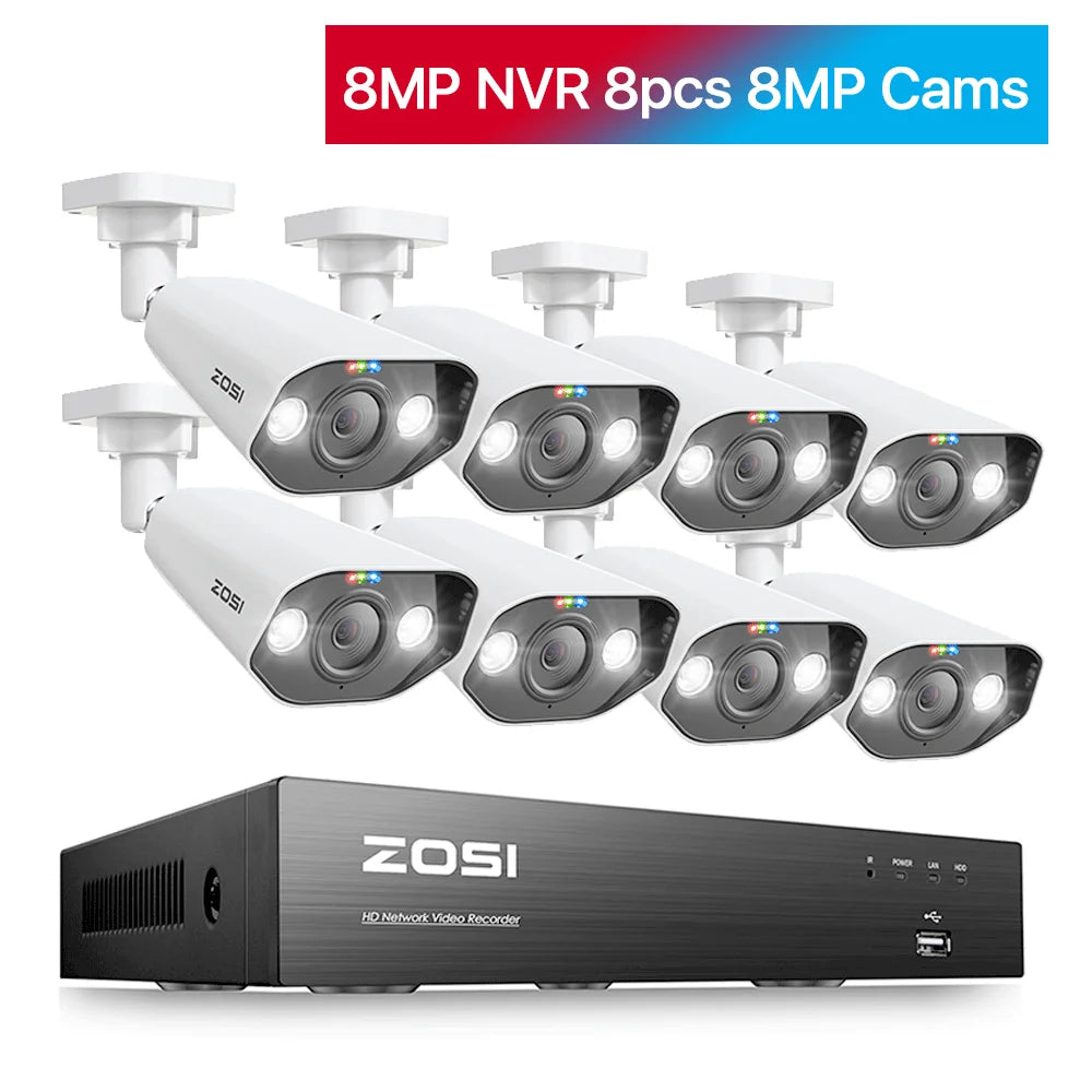 ZOSI-Kit de videovigilancia 8CH POE 4K 8MP 5MP Super HD Cámaras IP para exteriores Sistema de cámara de seguridad CCTV con visión nocturna AI Starlight