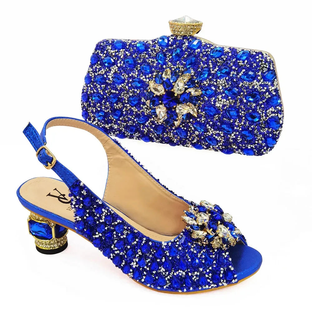 Conjunto de zapatos y bolsos de cuero italiano para mujer, calzado italiano de Color azul con bolsa a juego, zapatos nigerianos y bolsa para fiesta, 2022