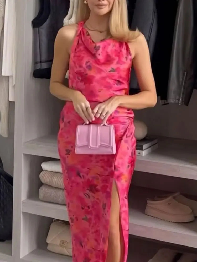 TRAFZA nueva moda mujer Vintage Sexy cuello redondo sin mangas dobladillo con abertura vestido de fiesta en la playa mujeres estampado elegante vestido largo con volantes