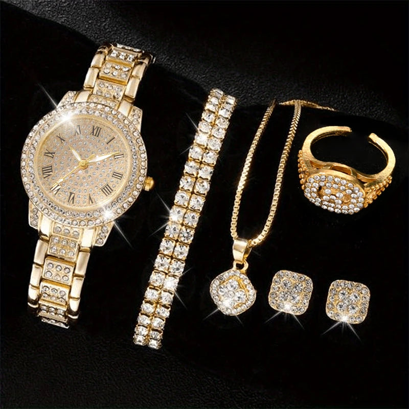 6 uds reloj de mujer elegante de lujo reloj de aleación reloj de pulsera de cristal para regalo de mujer reloj de cuarzo pulsera de aleación de diamantes de imitación Montre