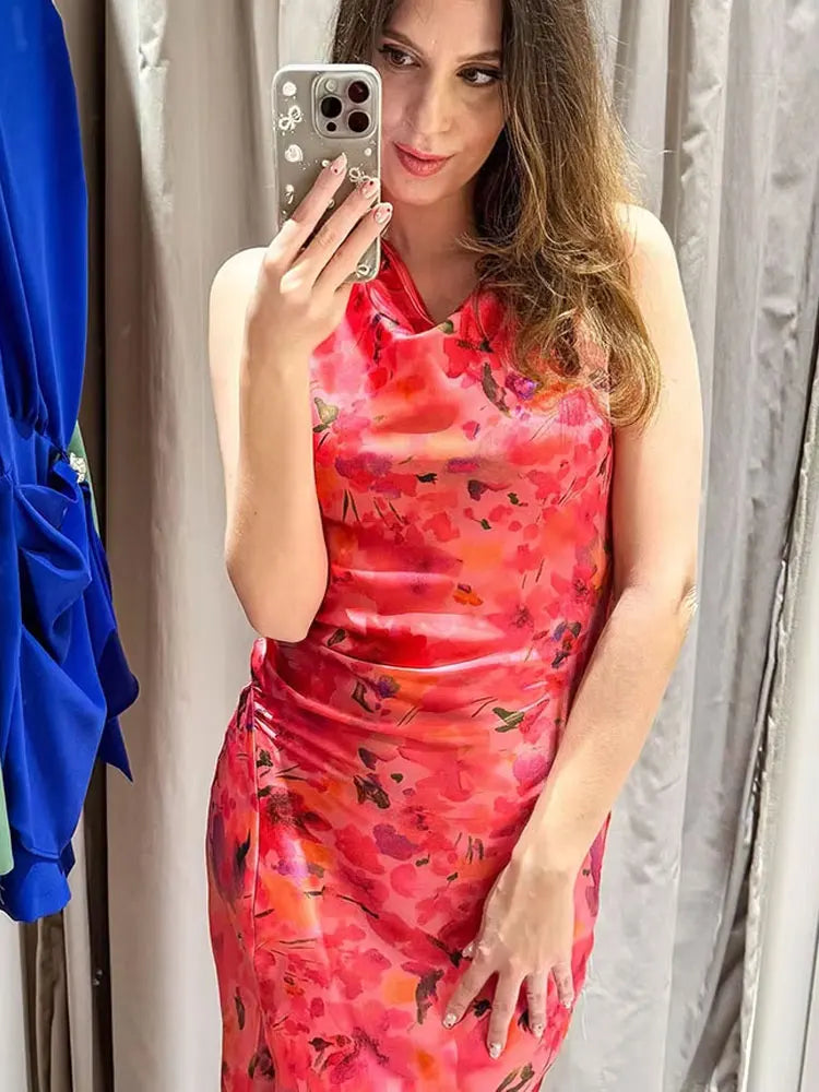 TRAFZA nueva moda mujer Vintage Sexy cuello redondo sin mangas dobladillo con abertura vestido de fiesta en la playa mujeres estampado elegante vestido largo con volantes