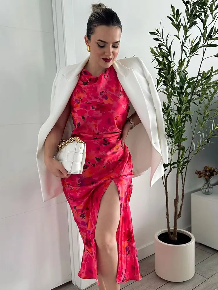 TRAFZA nueva moda mujer Vintage Sexy cuello redondo sin mangas dobladillo con abertura vestido de fiesta en la playa mujeres estampado elegante vestido largo con volantes