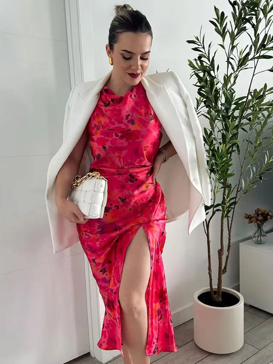 TRAFZA nueva moda mujer Vintage Sexy cuello redondo sin mangas dobladillo con abertura vestido de fiesta en la playa mujeres estampado elegante vestido largo con volantes