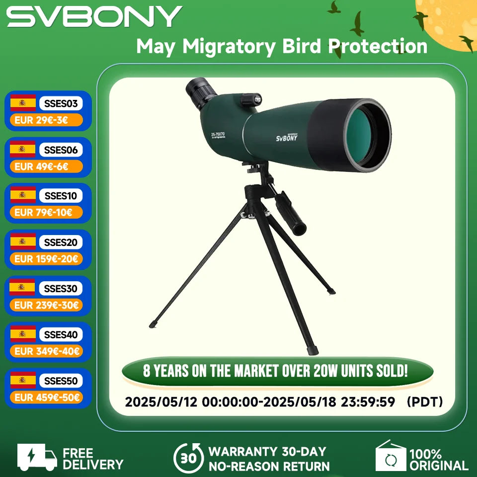 Svbony SV28 50/60/70/80mm telescopio potente Zoom con trípode impermeable, equipo de Camping, tiro al objetivo, observación de aves