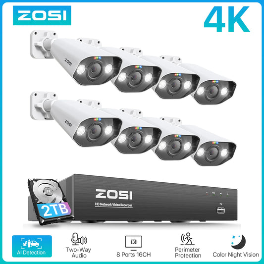 ZOSI-Kit de videovigilancia 8CH POE 4K 8MP 5MP Super HD Cámaras IP para exteriores Sistema de cámara de seguridad CCTV con visión nocturna AI Starlight