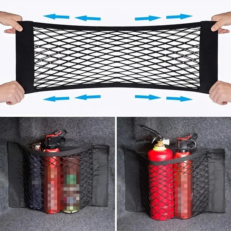 Bolsa de almacenamiento Universal para coche, red de almacenamiento para maletero de doble malla, bolsa de almacenamiento integrada para coche, red fija para extintor de incendios, 1 ud.