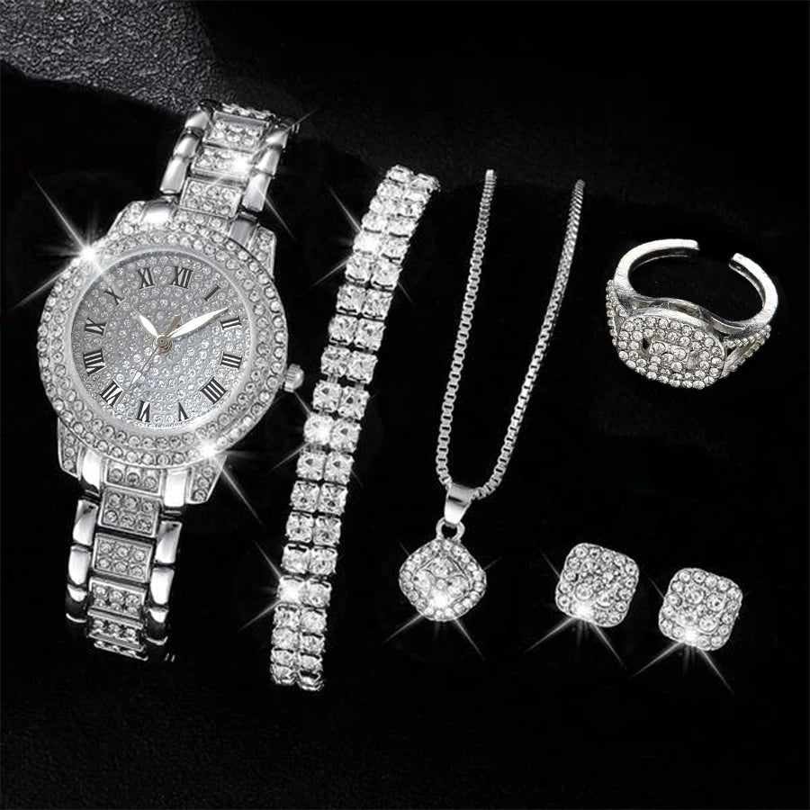 6 uds reloj de mujer elegante de lujo reloj de aleación reloj de pulsera de cristal para regalo de mujer reloj de cuarzo pulsera de aleación de diamantes de imitación Montre