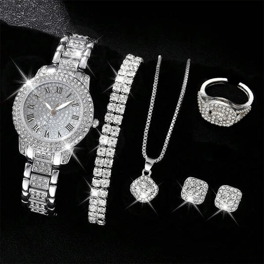 6 uds reloj de mujer elegante de lujo reloj de aleación reloj de pulsera de cristal para regalo de mujer reloj de cuarzo pulsera de aleación de diamantes de imitación Montre